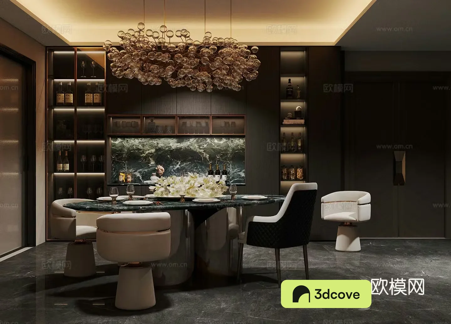 Light luxury Italian home restaurant Round table restaurant Marble dining table Light luxury style sideboard dining cabinet