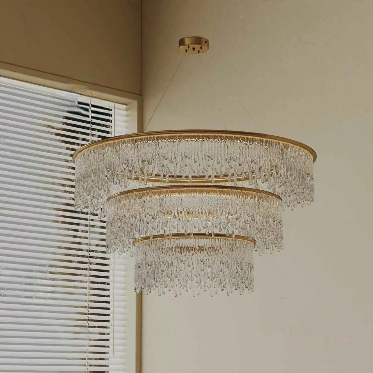 A Chandelier With A Gold Frame And Crystal Droplets 3D Model – 20077 – VRAY Render