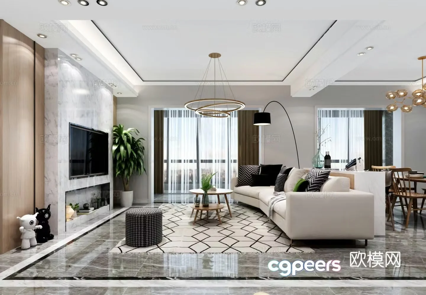 Modern living room and dining room modern sofa coffee table combination modern ring chandelier modern solid wood dining 3d model