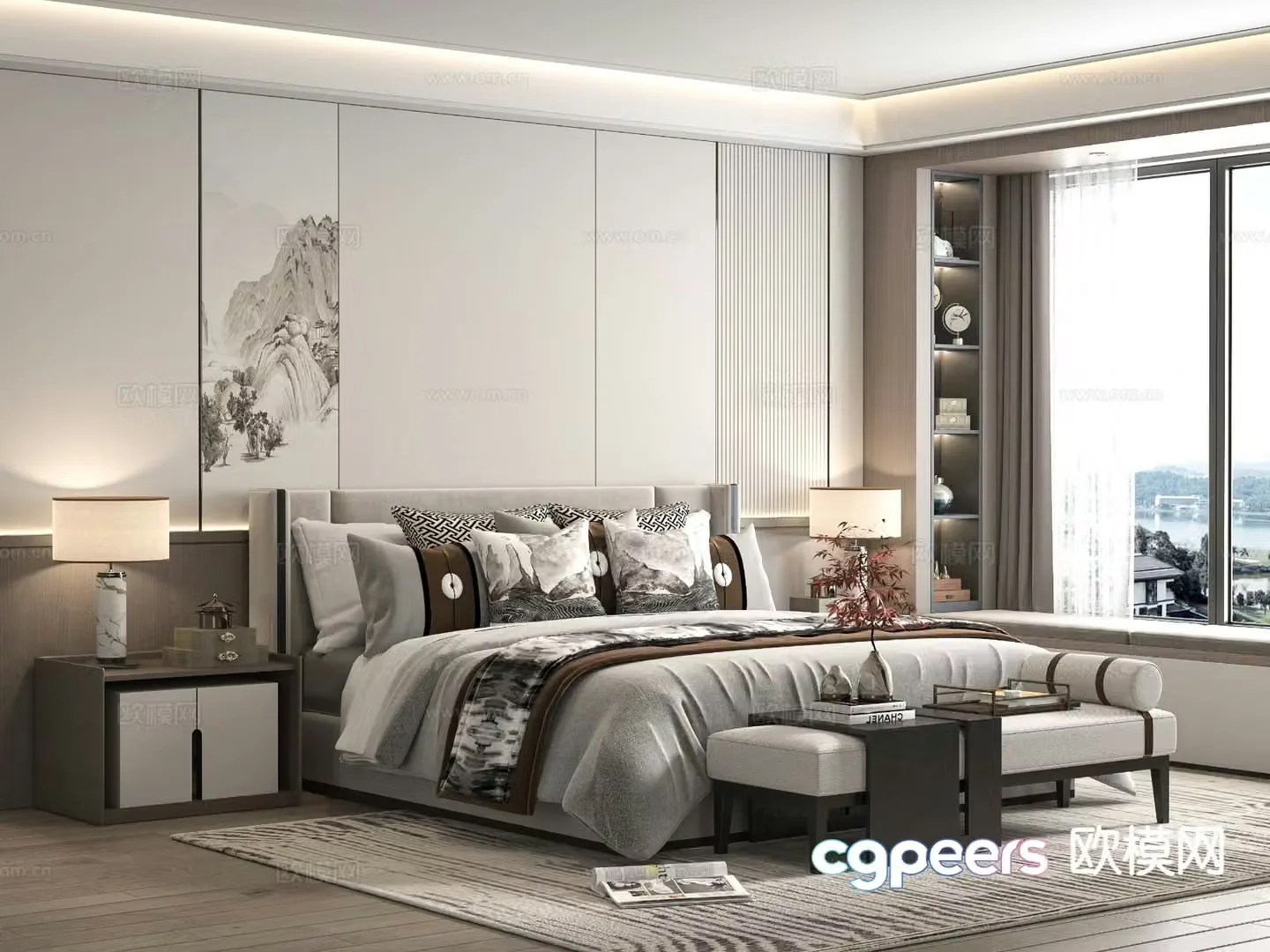 New Chinese style double bed 3d model