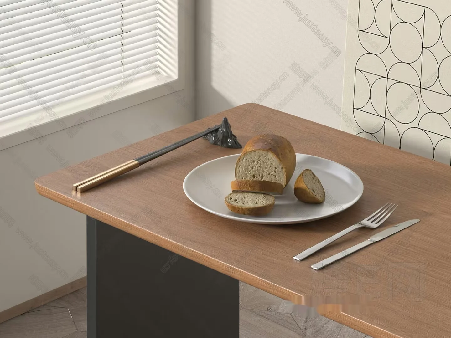 A Wooden Table With A Plate Of Bread And Utensils 3D Model – 14695 – VRAY Render