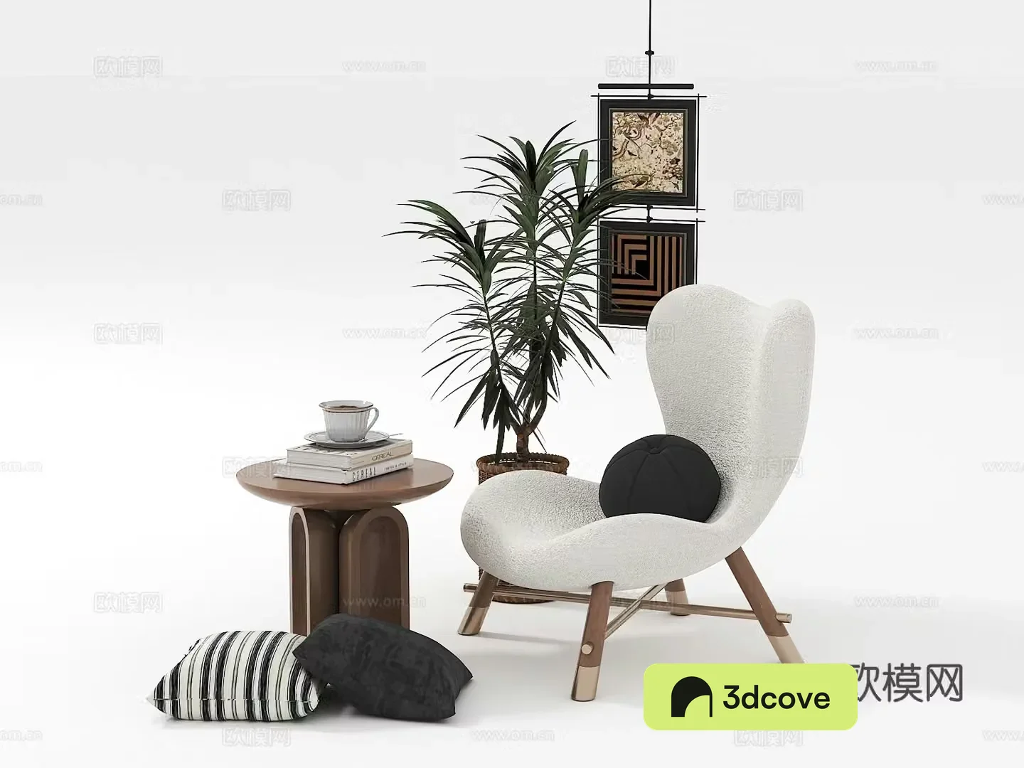 Medieval style leisure chair side table hanging painting potted plant
