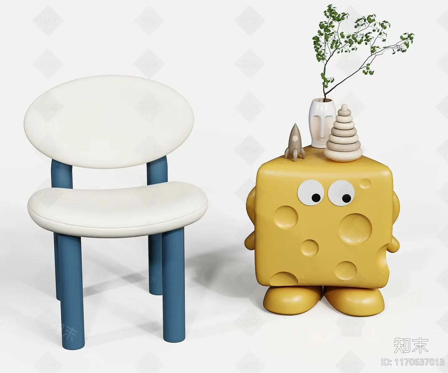 A Cartoon Cheese Character Sitting Next To A Chair 3D Model – 7506 – VRAY Render