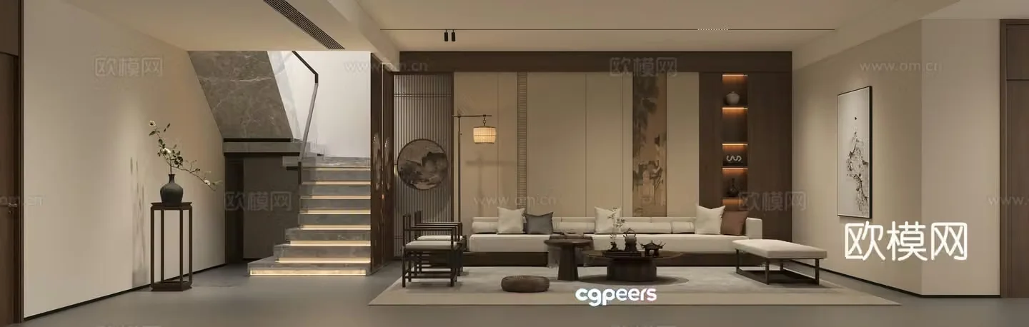 New Chinese style living room sofa Song’s living room coffee table combination Song’s Zen background wall Stair dead branches 3D model