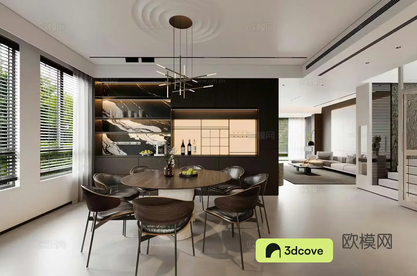 Modern restaurant Light luxury restaurant Italian restaurant Black and white gray Round dining table Wine cabinet Chandelier