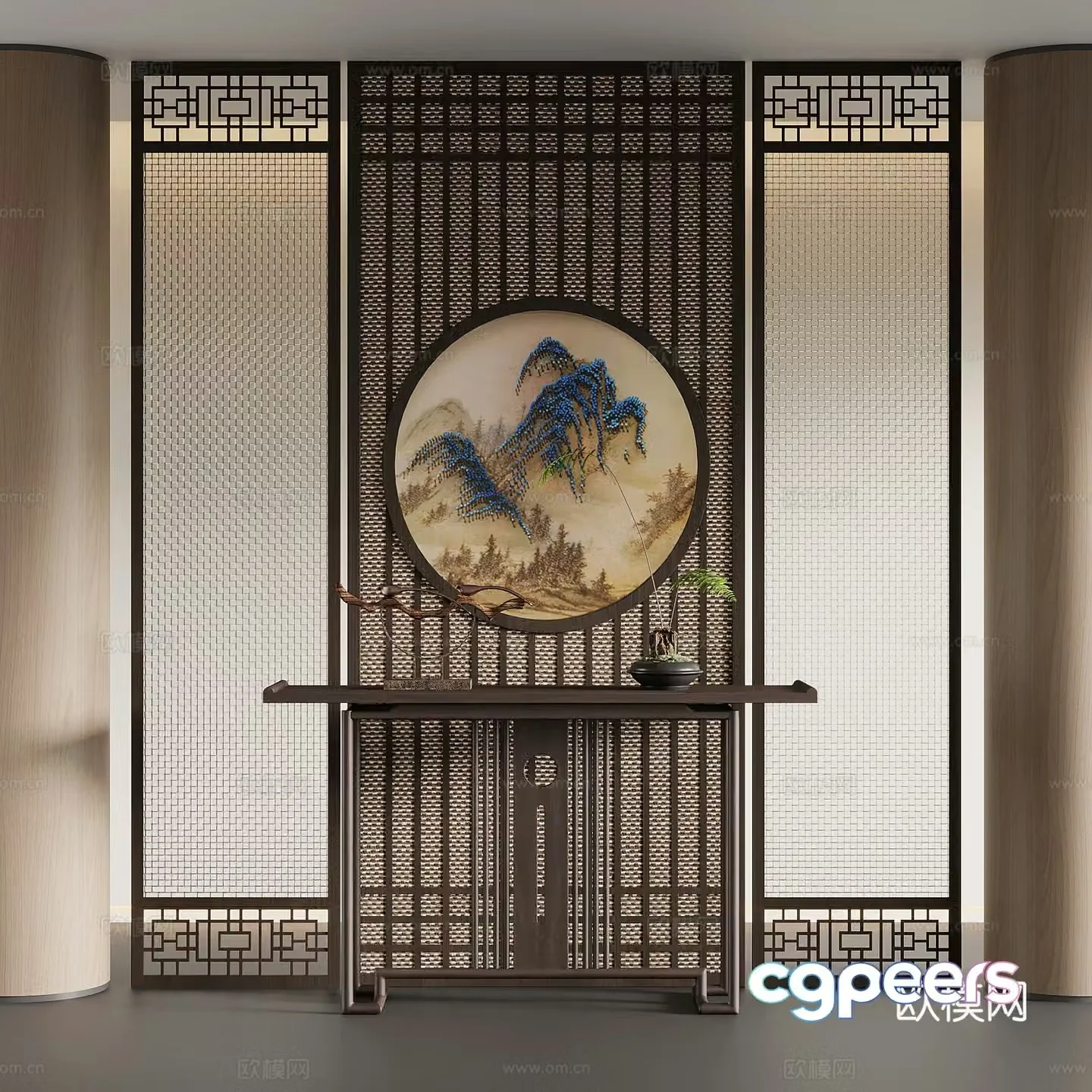 Porch new Chinese style porch partition porch background wall end view cabinet porch cabinet 3D model