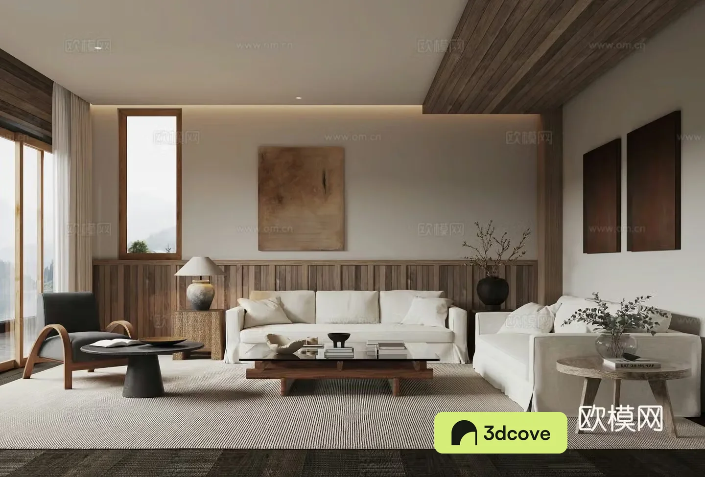 Wasabi Living Room Sofa Coffee Table Combination Leisure Chair Round Table Lamp Decoration Painting Carpet Decoration 3D Model