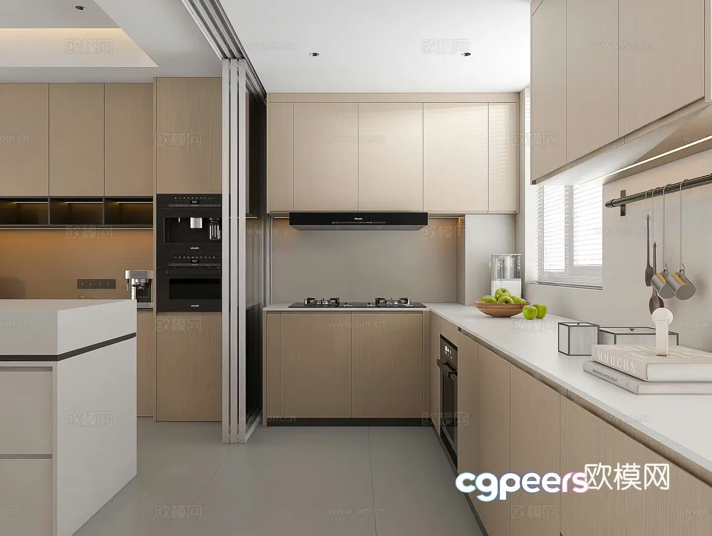 Modern kitchen Creamy kitchen Minimalist kitchen Log kitchen Refrigerator Range hood 3d model