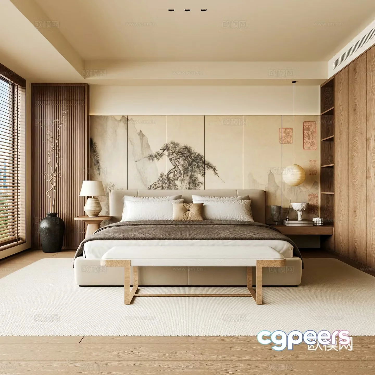New Chinese style home bedroom Song family aesthetic bedroom Song style bedroom New Chinese style double bed 3D model