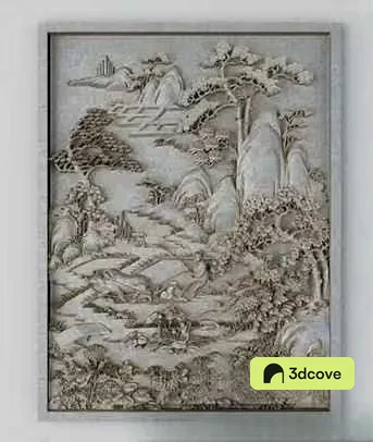 This Image Depicts A Serene Asian-Inspired Landscape Painting