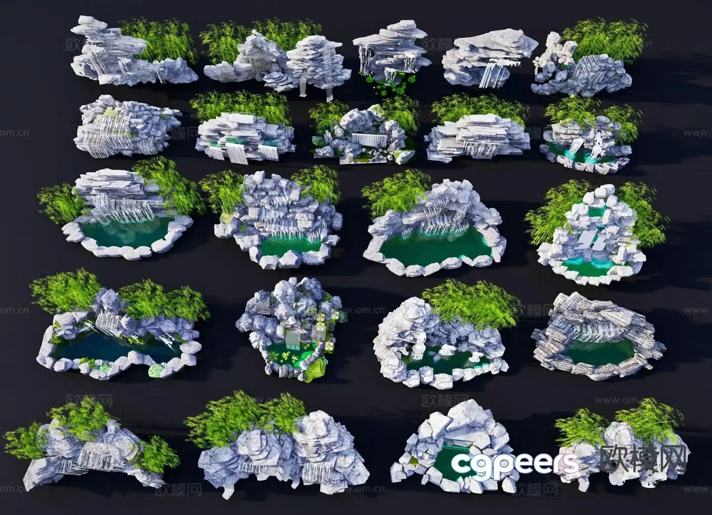 Chinese rockery overlapping water and flowing water stone 3D model