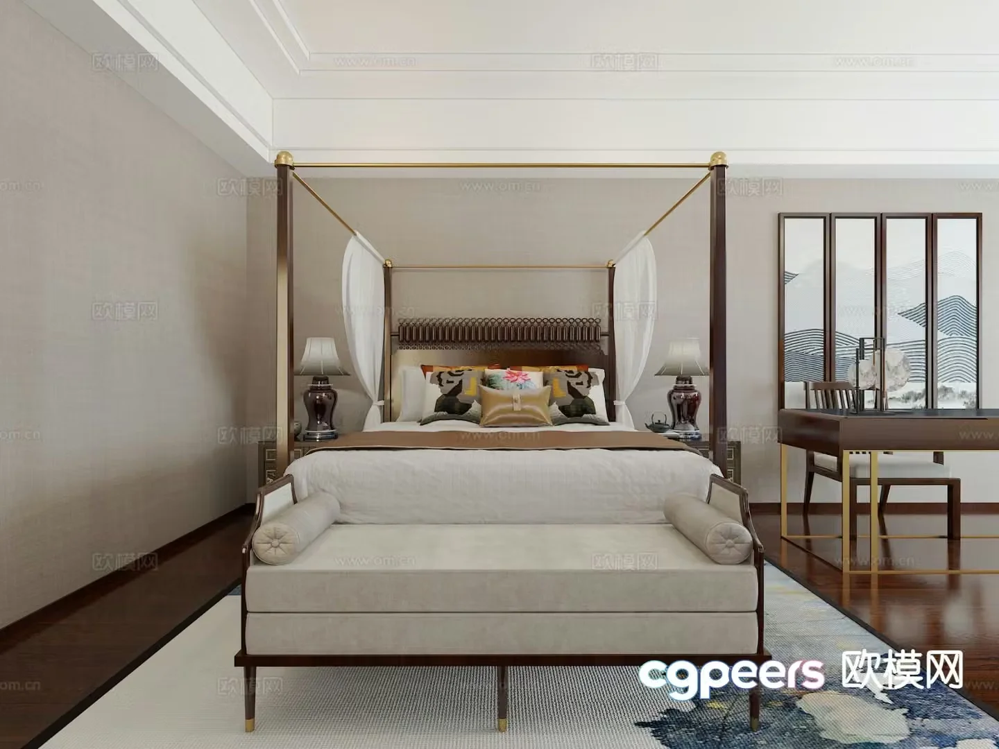 New Chinese style double bed canopy bed 3d model
