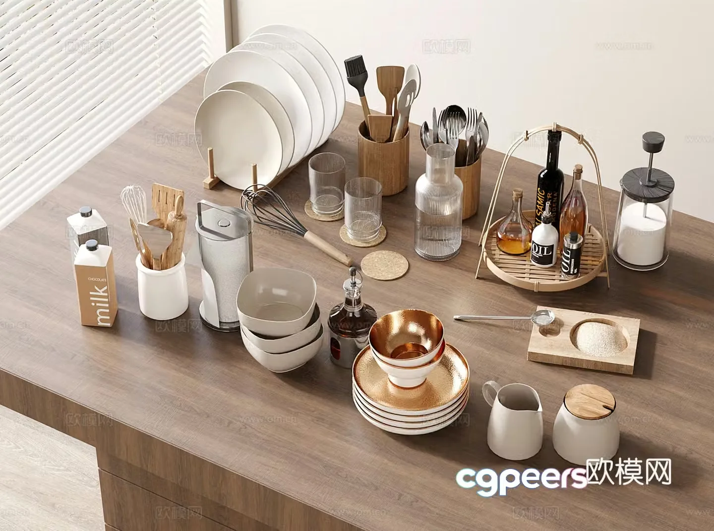 Modern kitchen supplies dishes condiments chopping board tableware 3d model