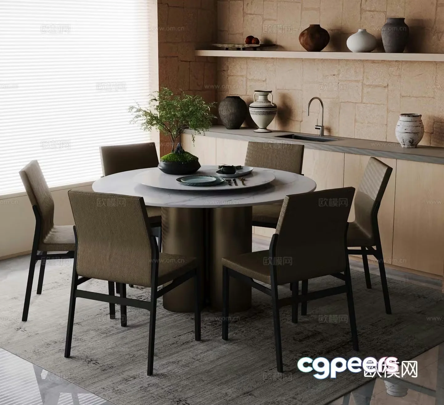 Modern dining table and chairs round dining table 3d model