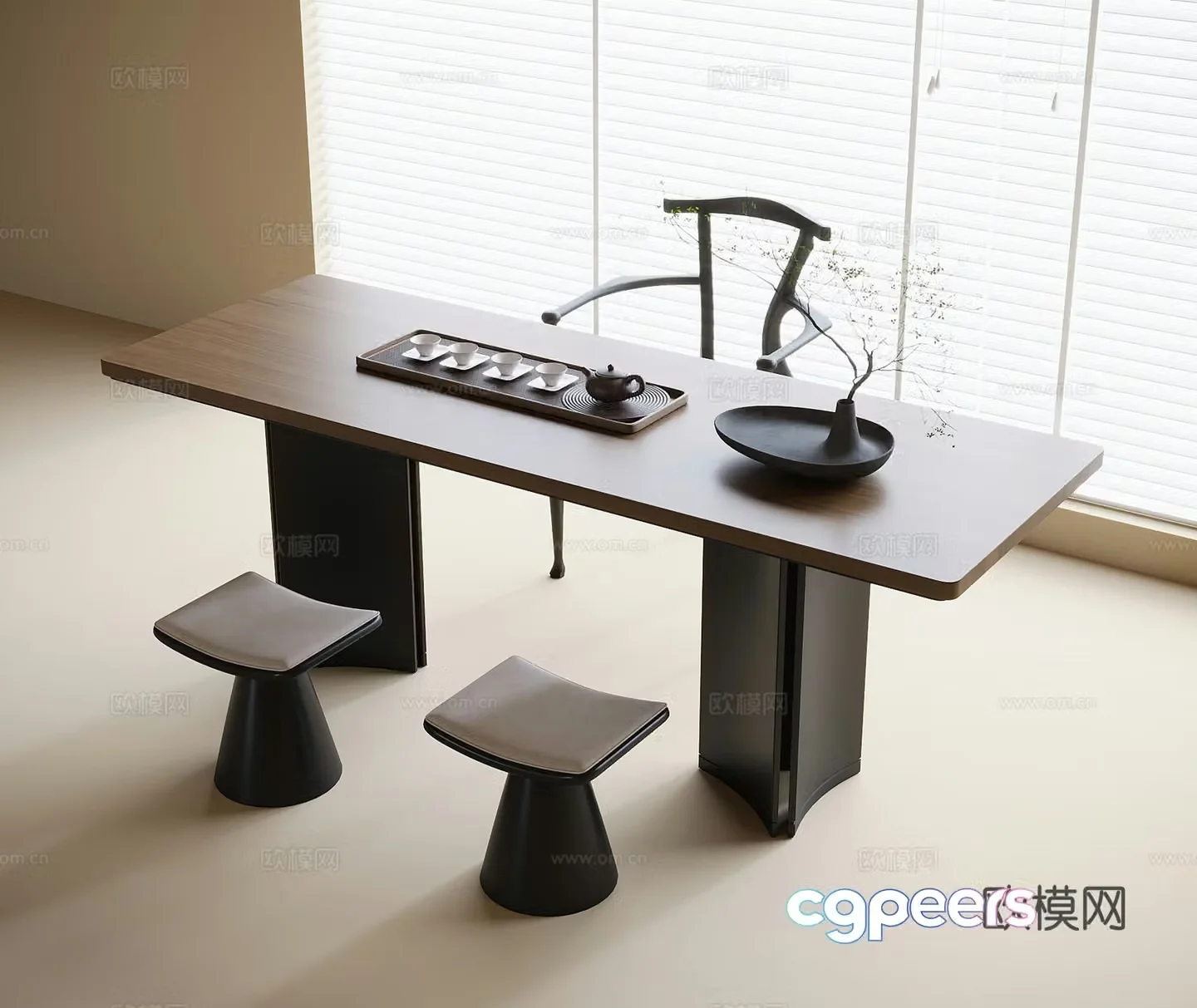 Modern tea table and chairs stools tea set venetian blinds 3d model