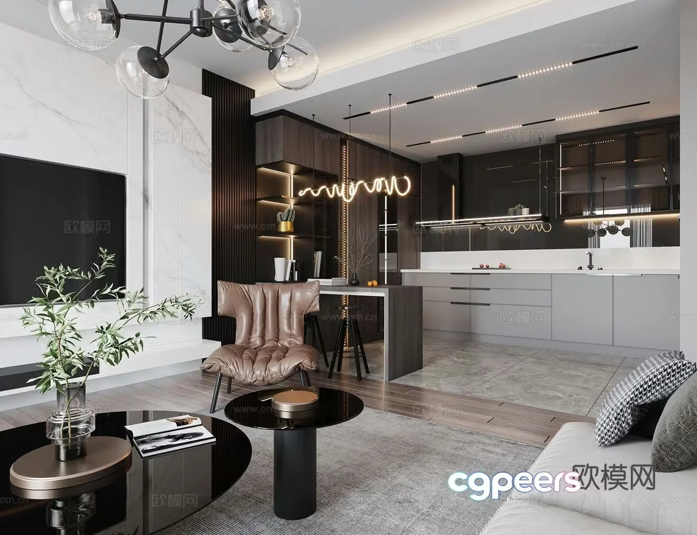 Modern living and dining room 3d model