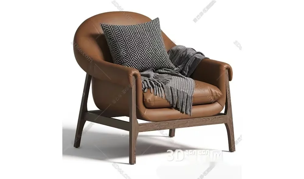 A Brown Leather Chair With A Throw Blanket And Pillow 3D Model – 10230 – CORONA Render