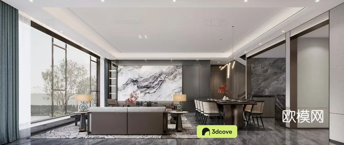 New Chinese style large flat floor living and dining room