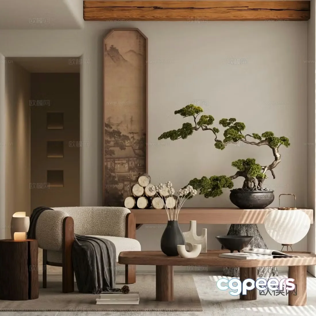 New Chinese casual chair coffee table Song style aesthetic 3D model