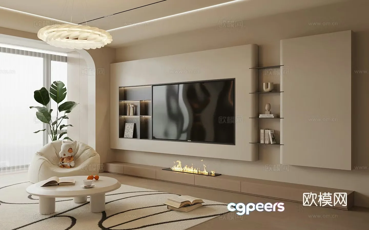 Modern Creamy Living Room TV Background Wall 3D Model