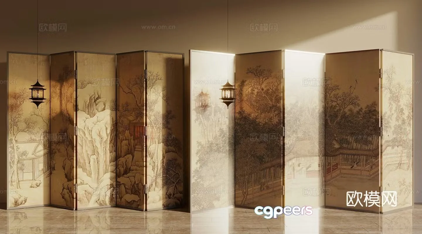 Song style new stroke screen screen partition wooden screen brushed glass 3d model