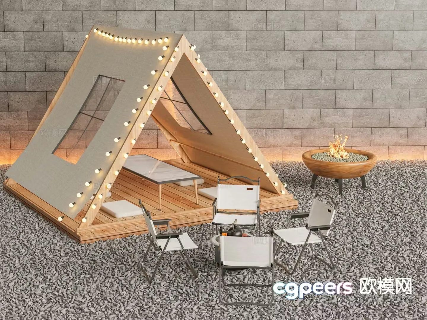 Camping tent making tea by the fire folding table and chairs 3D model