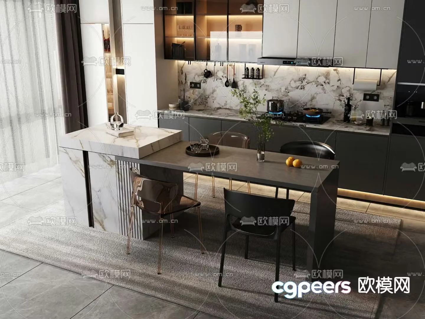 Island dining table and chairs cabinet 3d model
