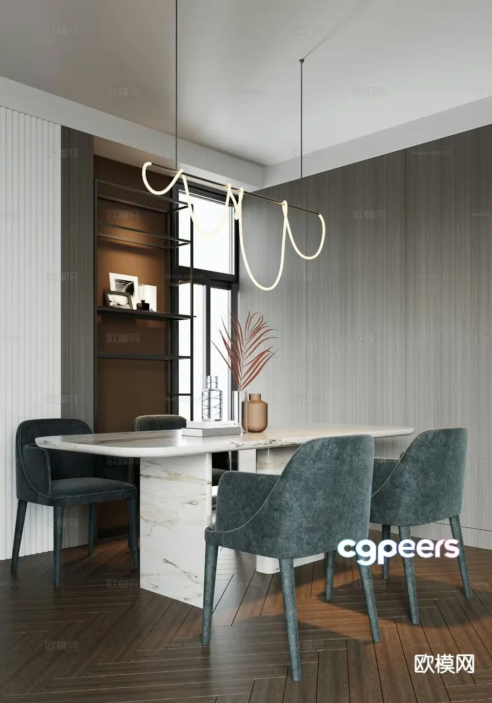 Modern long dining table and chairs 3d model