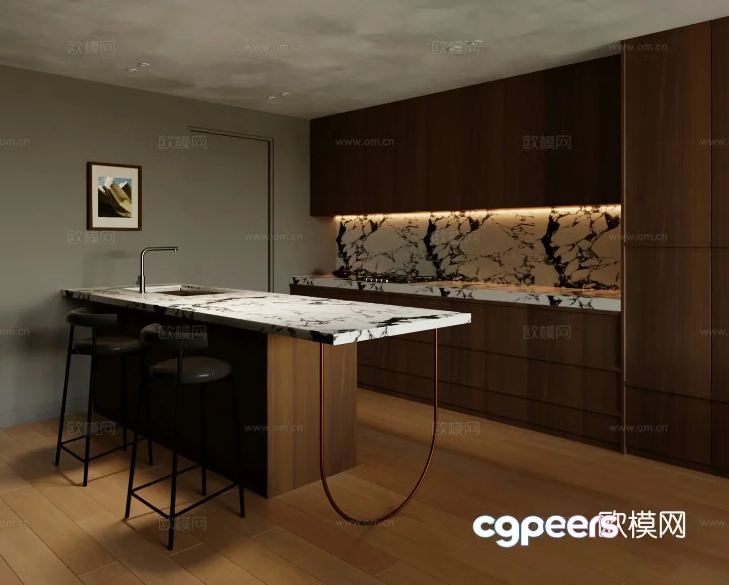 Modern island dining room kitchen 3d model