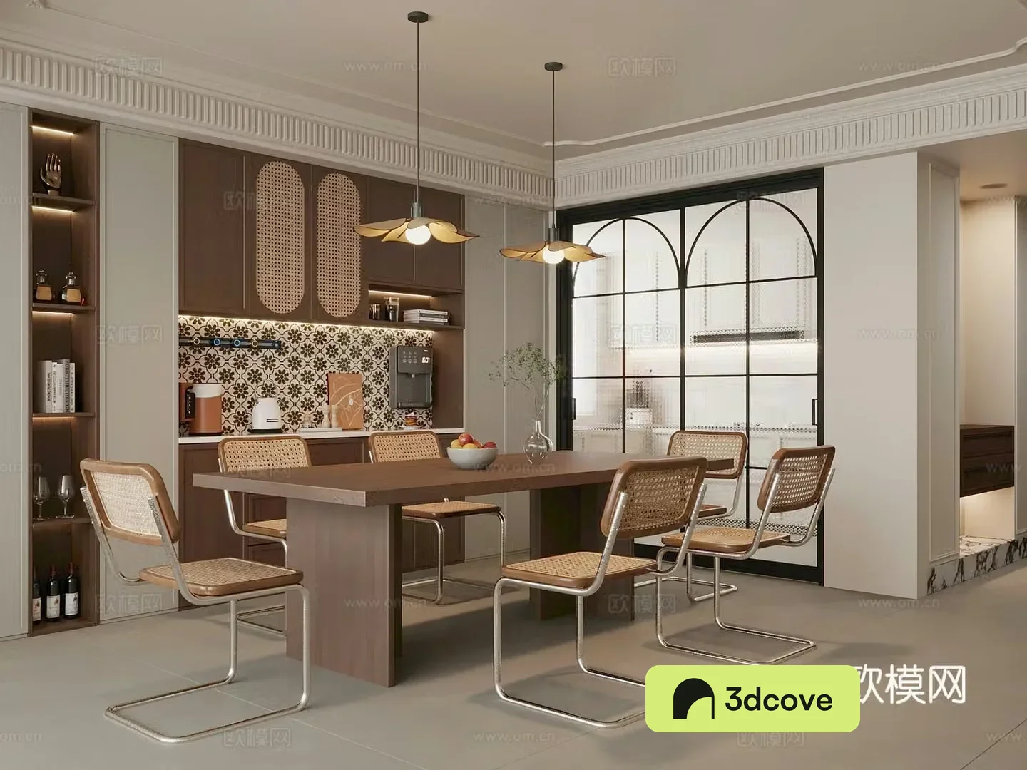 Middle style restaurant dining table and chair combination wine cabinet sideboard 3D model
