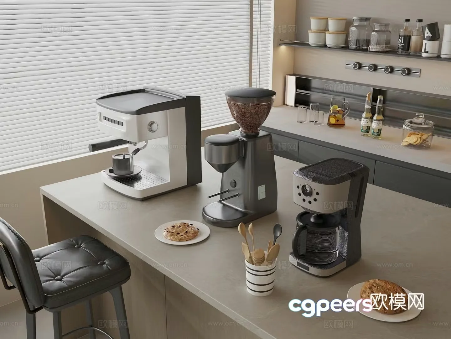 Coffee machine Bean grinder Coffee beans Drinks Dessert Coffee cup Bar bar chair 3d model