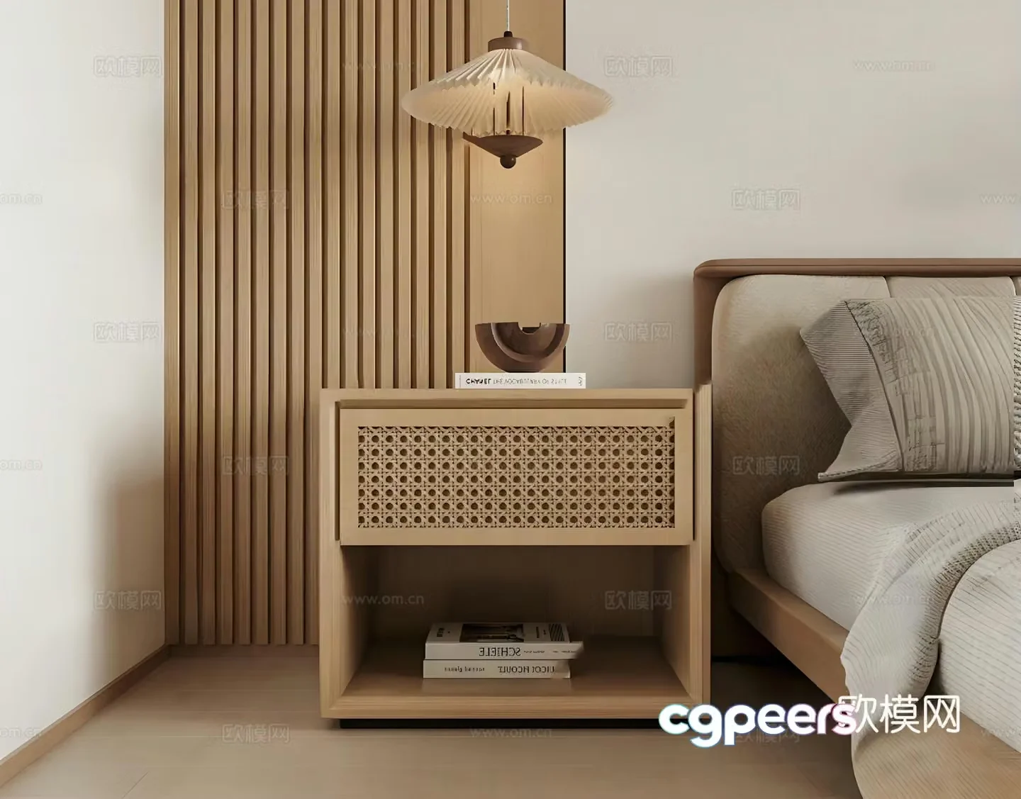 Chinese rattan bedside table 3D model