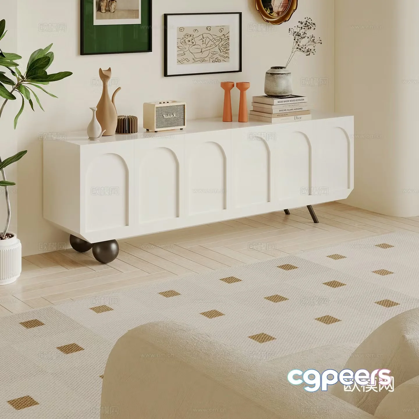 Modern creamy TV cabinet jewelry ornaments 3d model
