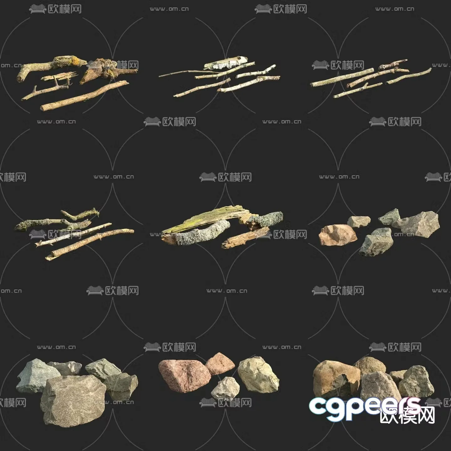 branches stone firewood dead branches 3d model
