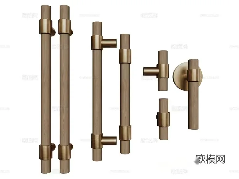 A Collection Of Gold And Wood Door Handles 3D Model – 7666 – CORONA Render