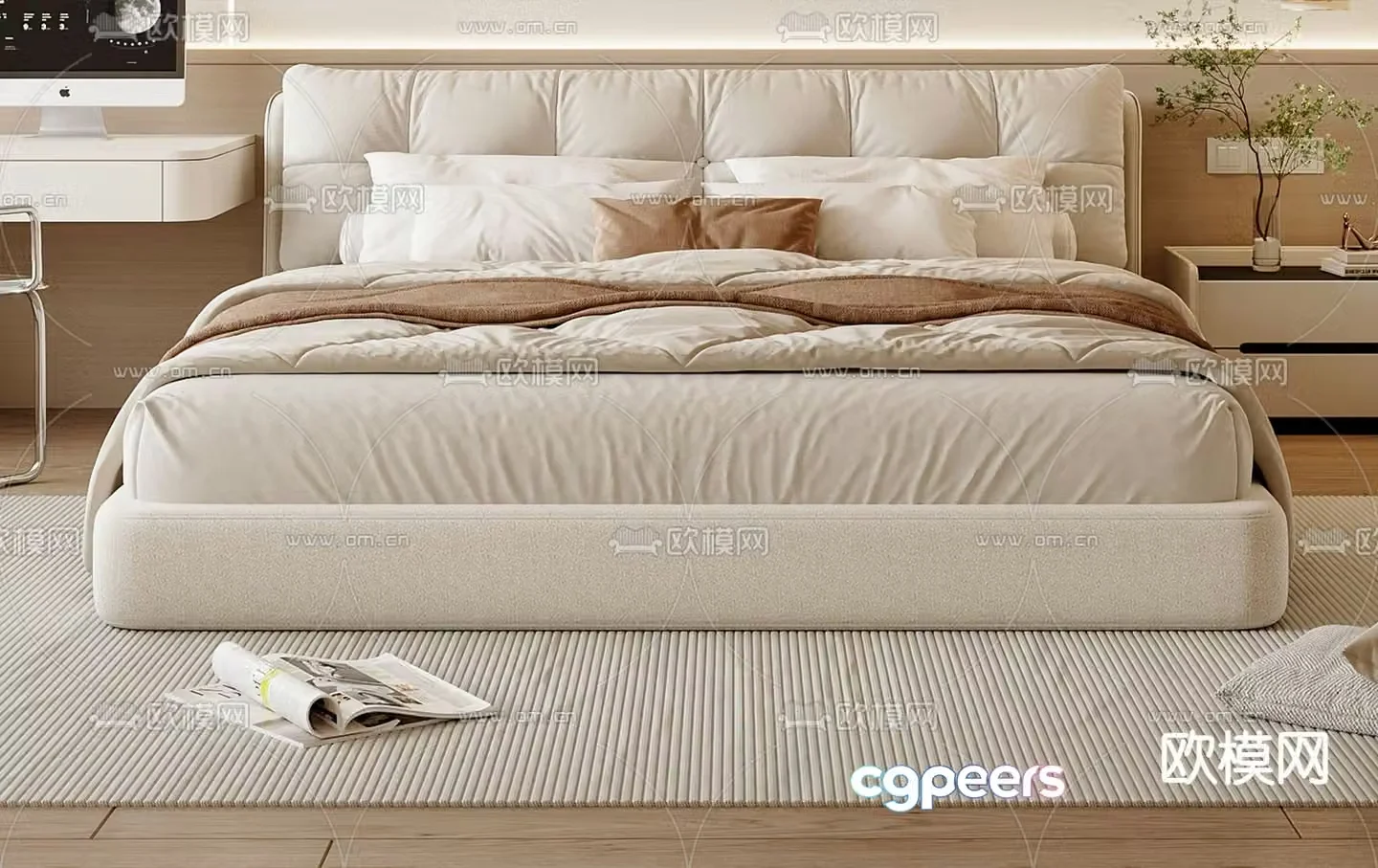 Cream style double bed 3d model