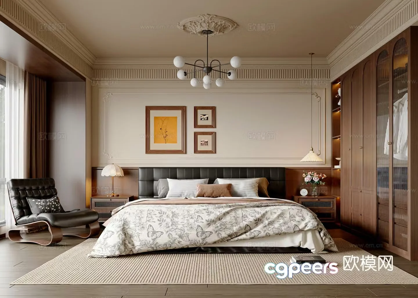 French medieval style bedroom French double bed wardrobe French casual chair chandeliers 3D model