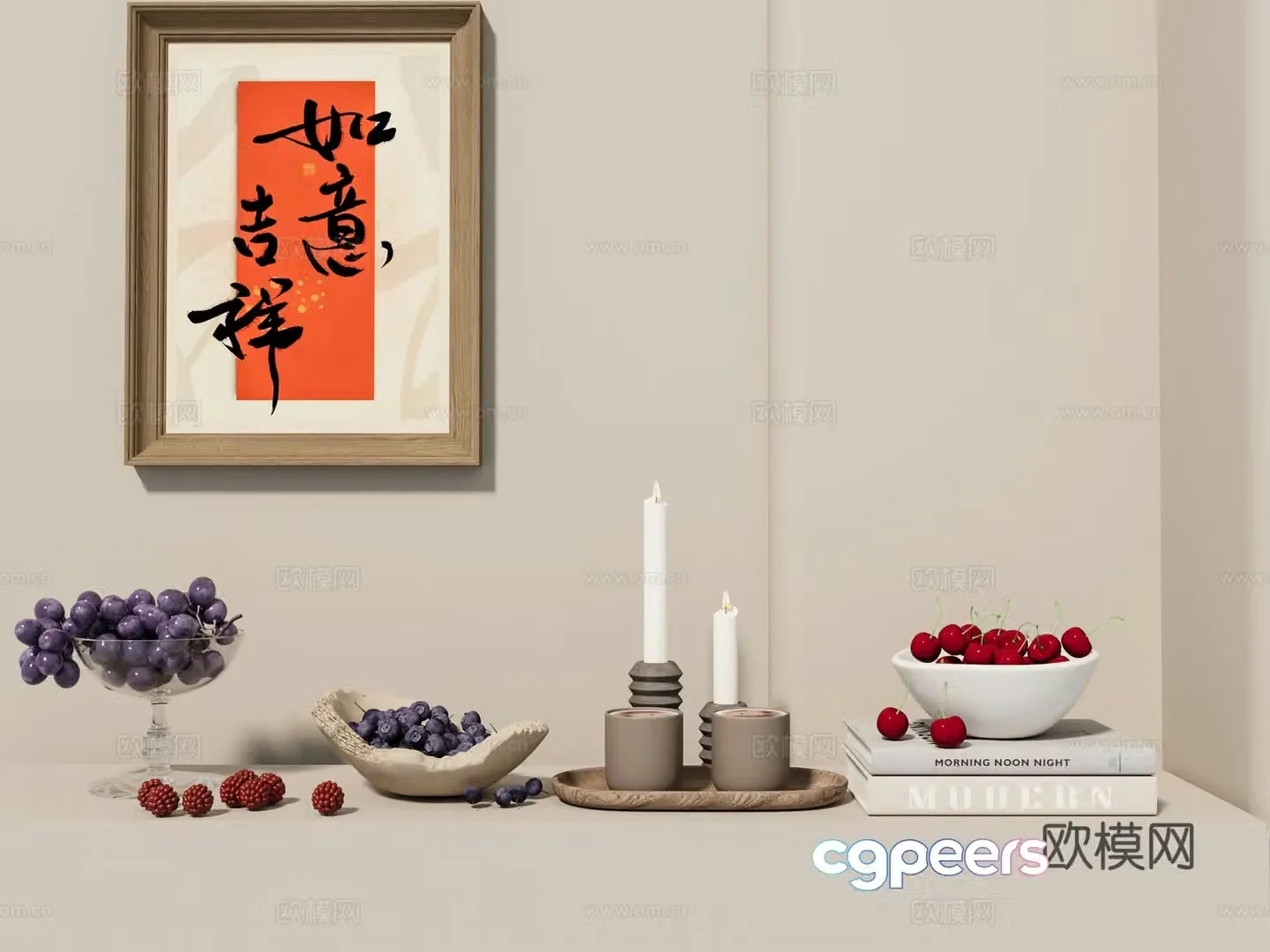 Fruit plate ornaments blueberry cherry hanging painting 3d model