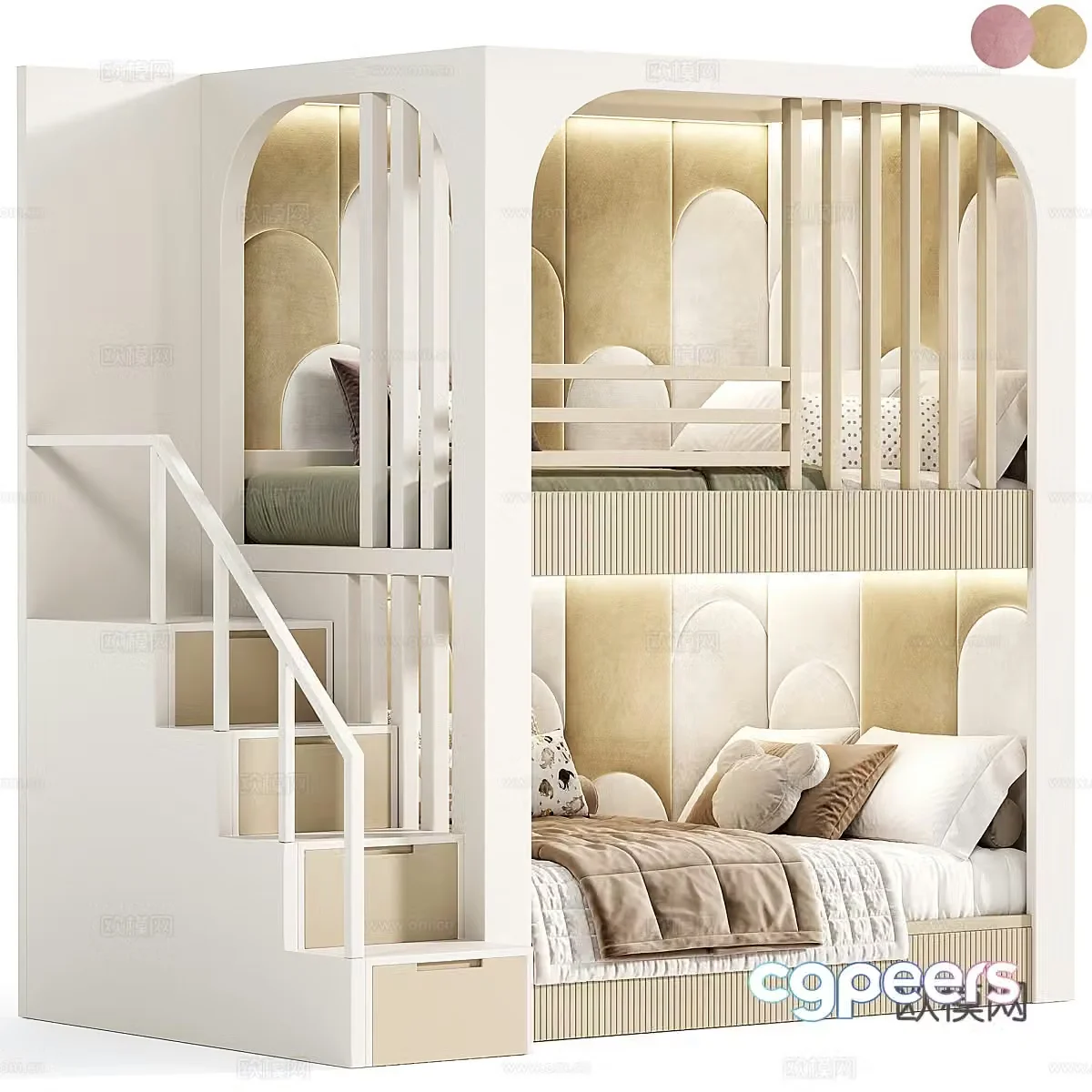 Modern cream style children’s high and low bed 3d model