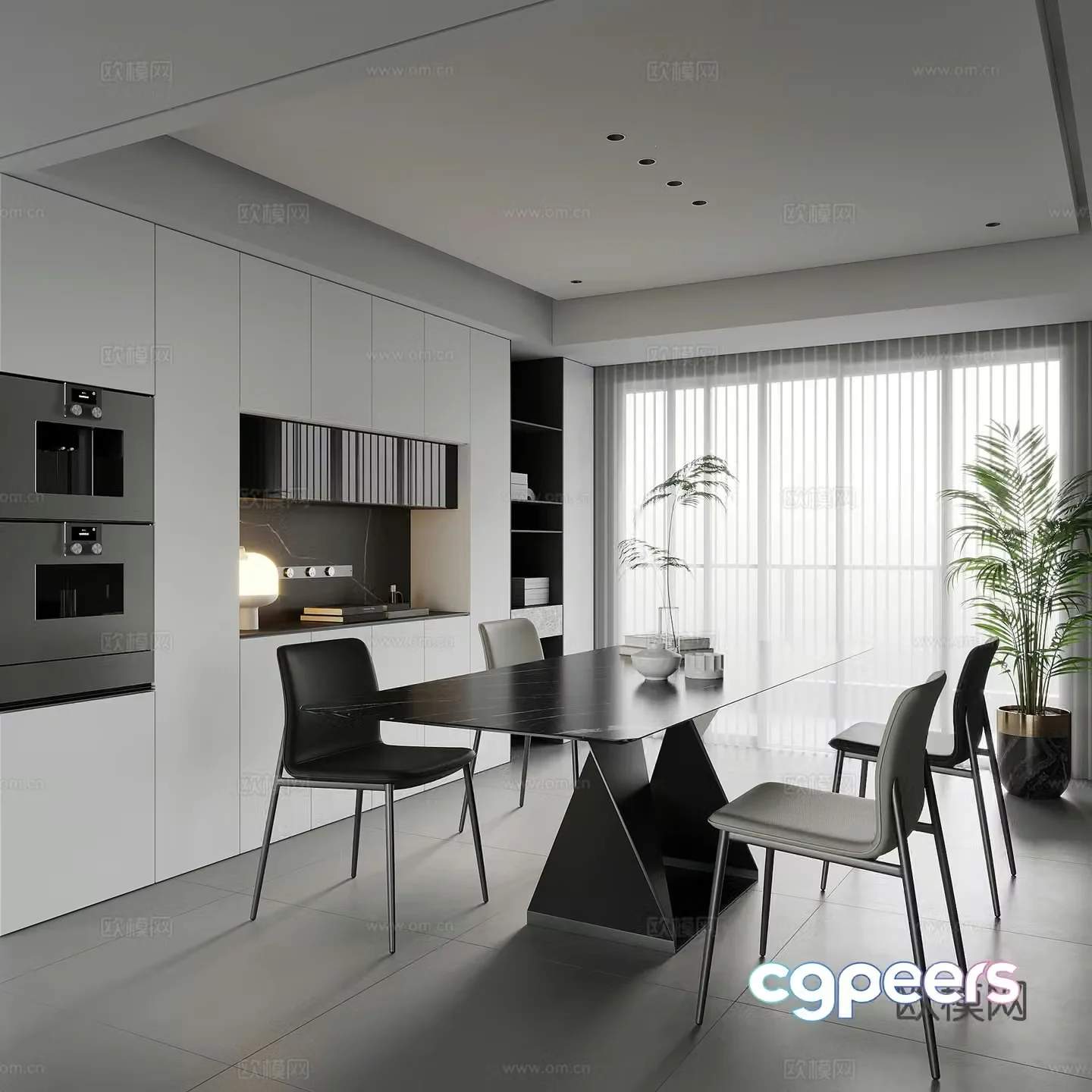 Restaurant Modern minimalist restaurant Dining table and chairs Wine cabinet 3d model
