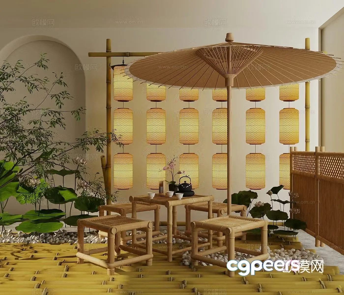 New Chinese style other chairs outdoor rattan chairs lotus oil paper umbrellas lantern combination bamboo fence 3D model
