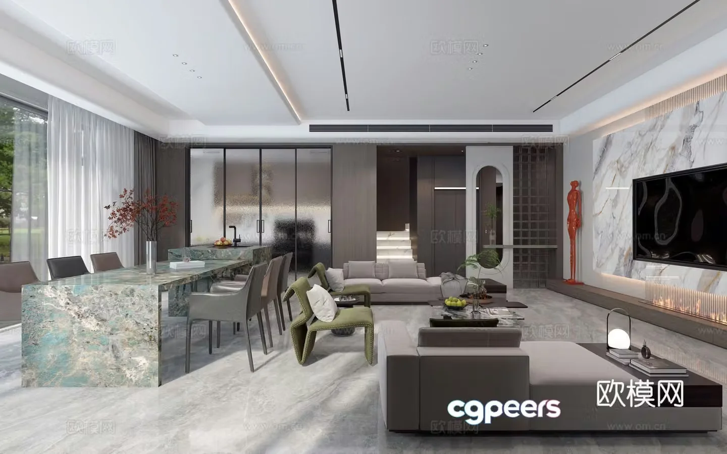 Modern Italian villa living and dining room 3d model