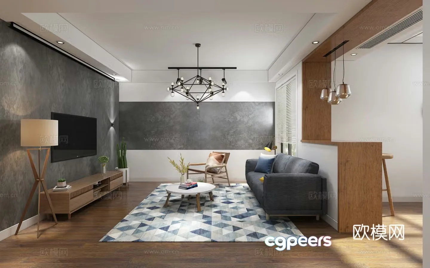 Nordic living restaurant chandeliers multi-person sofas coffee table floor lamp decorative cabinet carpet 3D model