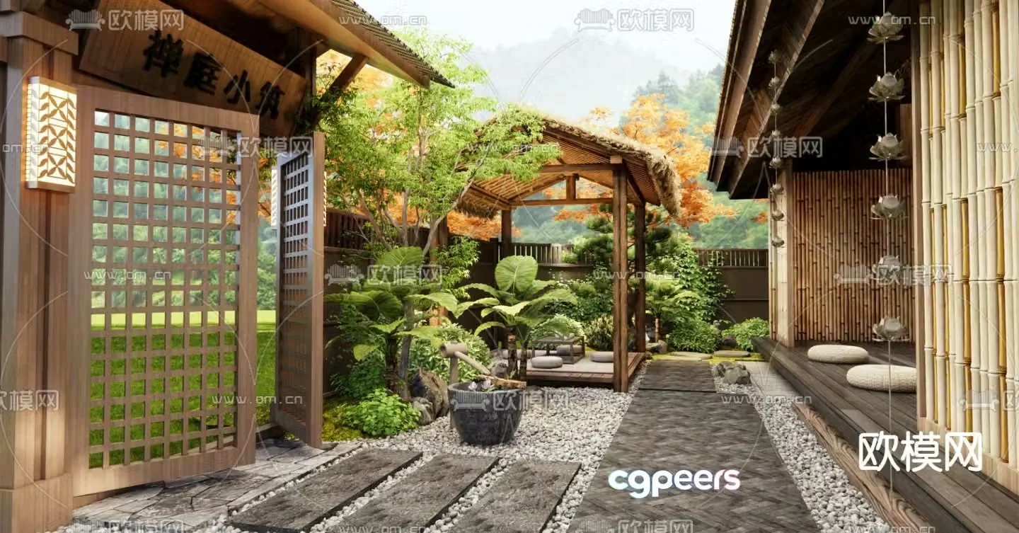 Japanese Zen courtyard landscape thatched pavilion 3D model