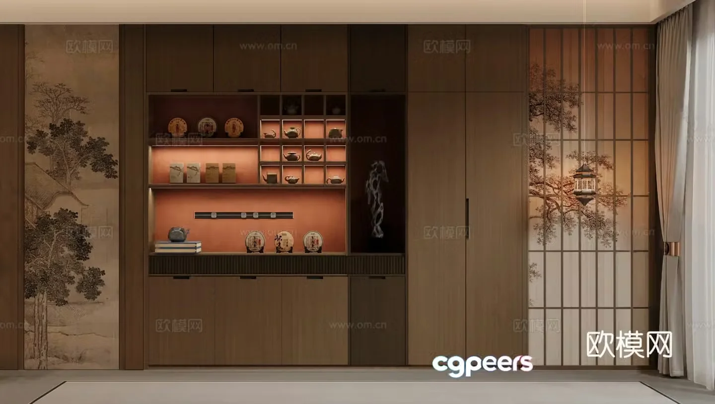 New Chinese-style tea cabinet wine cabinet Song’s sideboard decoration cabinet Zen display cabinet wine cabinet 3D model