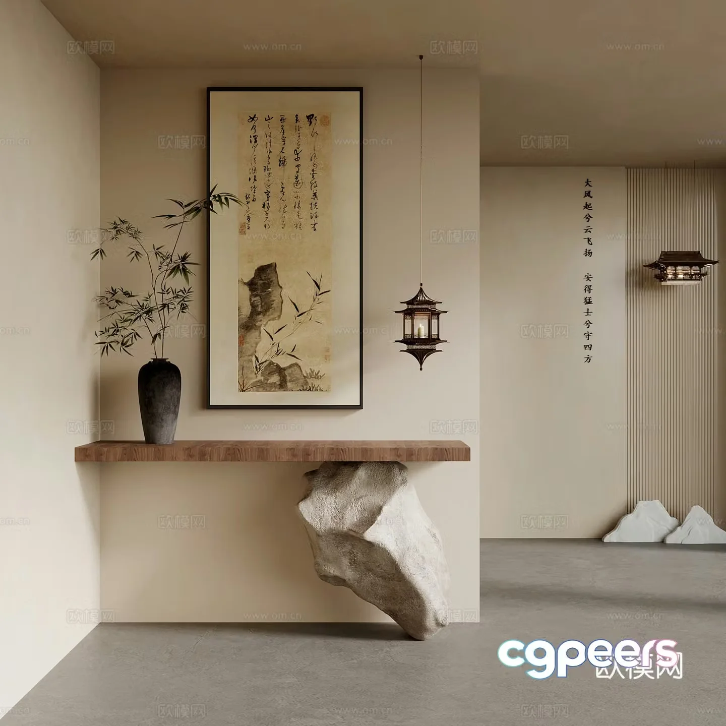 Porch New Chinese style porch Background wall Decorative painting Green plants Decorative chandeliers 3D model