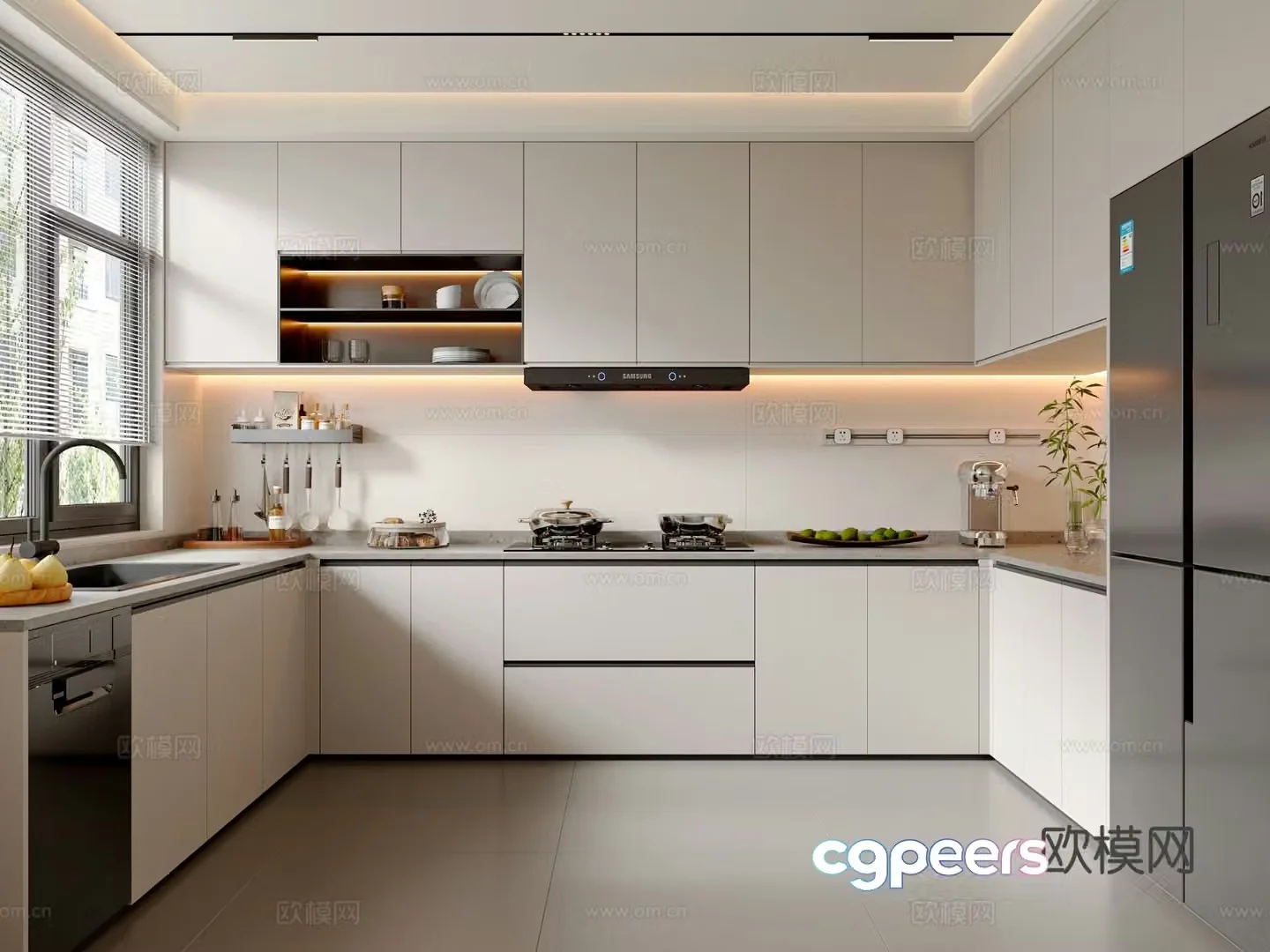 Modern kitchen cabinets kitchen supplies kitchen appliances refrigerator stove kitchen utensils 3d model