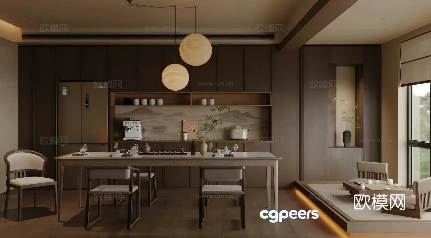 New Chinese Zen Restaurant Solid Wood Dining Table and Chair Combination Sideboard Tea Cabinet Tea Cabinet Tea Cabinet 3D Model