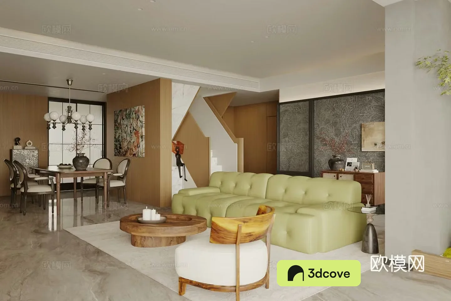 Middle style living restaurant horizontal living restaurant large flat living restaurant sofa and coffee table combination leisure chair 3D model