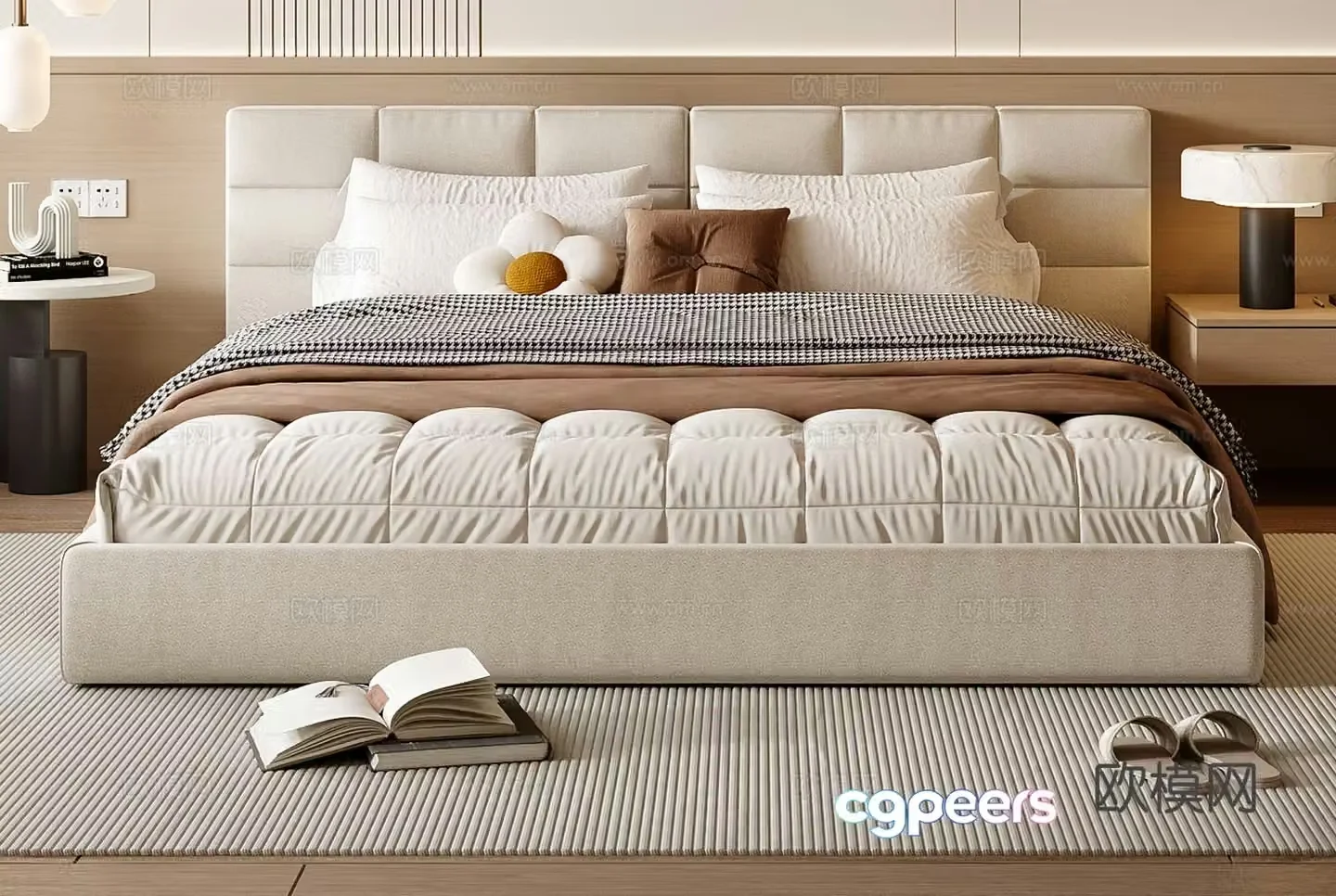 Cream style double bed 3d model